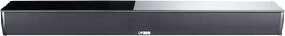 Černý lakovaný soundbar Canton Smart Soundbar 9 S2, pohled zepředu, tmavá kovová mřížka a lesklá horní plocha