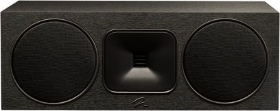 Centrální reproduktor MartinLogan Foundation C1 v matné černé barvě, pohled zepředu, se dvěma kruhovými reproduktory a centrálním obdélníkovým výškovým reproduktorem