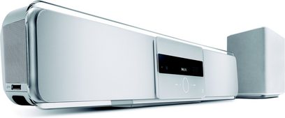 Philips HTS-8150 metallisk grå soundbar med LED-skærm, set forfra i let perspektiv