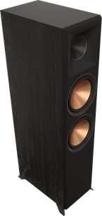Sloupcový reproduktor Klipsch RP-8000F II ebony edice 2022, černý povrch, pohled zepředu, dva viditelné reproduktory