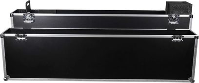 Sort flightcase til skærm Power Acoustics Flight Ecran 75/85 SR, åben, med sølvfarvede kanter og låse