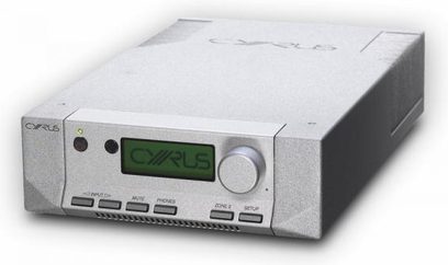 Cyrus 8a sølv stereo hi-fi-forstærker, front, børstet sølvfarvet metalkabinet, knapper, grønt display
