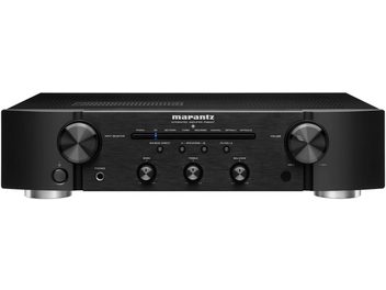 Marantz PM6007 geïntegreerde stereo hifi-versterker zwart, geborsteld aluminium voorzijde, blauw display, metalen knoppen