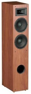 Trælådesøjle fra Davis Acoustics Stentaure, 2 sorte højttalere, bass-reflekshul, set forfra