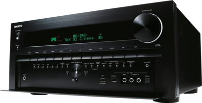 Onkyo TX-NR3010 sort hjemmebiografsforstærker, frontpanel, frontvisning, grøn display "BD/DVD THX D2 Cinema 3D", knapper og drejeknapper
