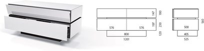 Hvid Spectral Brick BR1203-SL audio-/videomøbel med dimensioner, set forfra og fra siden, med åben skuffe