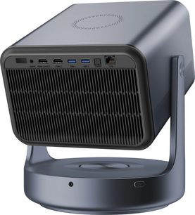 Videoproiector Hisense C2 Ultra, vedere laterală, suprafață netedă, porturi audio, HDMI, USB, S/PDIF, LAN, grilaj frontal, suport circular