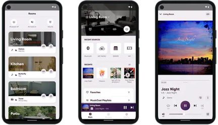 Three smartphones displaying app interfaces with lists of tracks, recent sources, and music playback