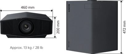 Videoprojektor Sony VPL-XW5000ES v černé barvě, pohled zepředu a z boku, rozměry 460 × 200 × 472 mm, přibližná hmotnost 13 kg