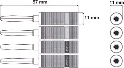 Technische Seitenansicht von vier Bananensteckern Norstone Cable Bananenstecker Set mit 4 Stück, geriffelter zylindrischer Metallkörper in grau und schwarz, Länge 57 mm und Durchmesser 11 mm, Norstone-Logo-Band
