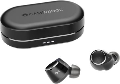 Cambridge Audio Melomania M100 black in-ear headphones with oval charging case and silicone ear tips, top view