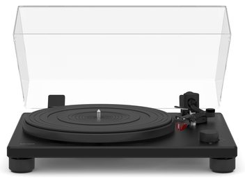 Platine vinyles hi-fi Sonoro Platinum EAS automatique noir mat avec plateau circulaire, bras de lecture, pointe rouge et couvercle transparent ouvert