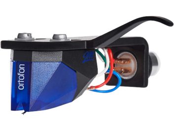 Ortofon 2M BLUE Premonteret pickupholder, sidevisning, sort krop, blå hætte, 4 forbindelsestråde rød, grøn, hvid, blå