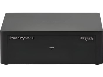 Компактний hi-fi підсилювач Tangent PowerAmpster III чорного кольору, з мінімалістичною передньою панеллю з логотипом і індикатором режиму очікування