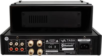 Integrovaný stereofonní elektronkový zesilovač Taga Harmony HTA-25B černý, zadní pohled s RCA konektory, reproduktorovými terminály a síťovou zásuvkou