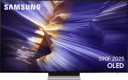 Televizor Samsung S90F 2025 OLED, ultra tenký černý rám, plochý panel, centrální kovový stojan v kartáčované šedé barvě, pohled zepředu