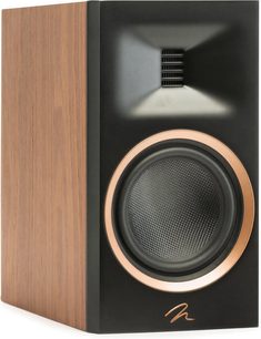 Knihovní reproduktor Motion B10 v ořechovém provedení s dřevěným tělem, černým čelem, obdélníkovým výškovým reproduktorem a kruhovým reproduktorem lemovaným mědí
