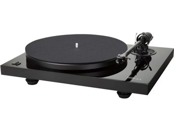 Music Hall MMF 2.3 zwarte platenspeler, bovenaanzicht, tonarm met element, mat zwarte platenplaat, rechthoekig glanzend zwart chassis