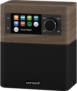 Radio Sonoro Stream orzech - czarna, widok z przodu, wyświetlacz LCD, przyciski dotykowe, ciemne drewniane i matowe czarne wykończenie
