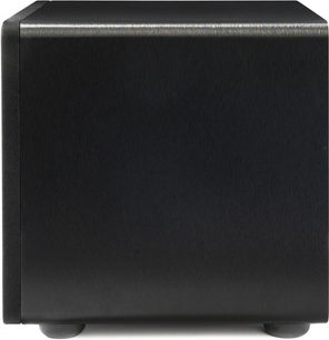 Subwoofer Paradigm Essentials Sub 10, vedere laterală stânga, carcasă neagră dreptunghiulară cu colțuri rotunjite și picioare vizibile