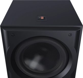 Предна касон за ниски честоти Perlisten R12s, преден изглед, черен корпус, кръгъл централно разположен високоговорител, метална решетка, гладка повърхност