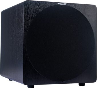 Velodyne Deep Blue 15 sort subwoofer, kubisk form, sort rund højttaler på forsiden, mørk træfinish
