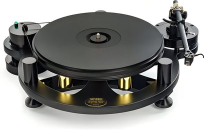 Svart Michell Engineering Gyro SE platespiller, metallchassis, gullfargede vekter, eksternt armfeste og motor, trekvarts visning