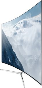 Buet Samsung UE65KS9000-tv, der viser sneklædte bjerge og skyer på en klar, blå himmel