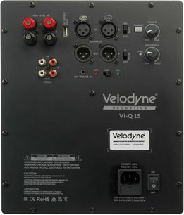Sort Velodyne VI-Q 15 subwoofer set bagfra med panel til lydtilslutninger og justerbare betjeningsknapper