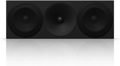 Amphion Helium 520C sort centerkanal, frontvisning, 3 runde sorte højttalere på sort rektangulær front