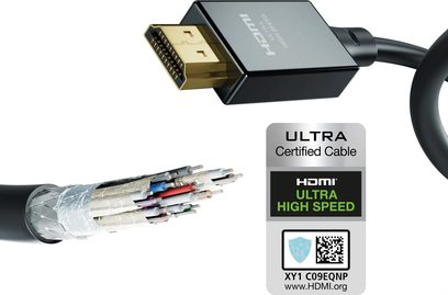 Inakustik Star II 48G HDMI-kabel 1m, forgyldt stik, tværsnit viser farvede ledninger, etiket med ultra high speed
