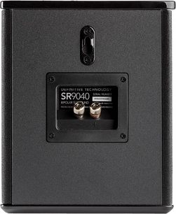 Definitive Technology SR9040 sort baghøjttaler, set forfra, med stik og kontakt på det matte, sorte bagpanel