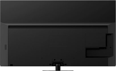 Panasonic TX-65JZ980E fladskærms-TV, set forfra, slukket, sort, med tilslutninger på bagsiden