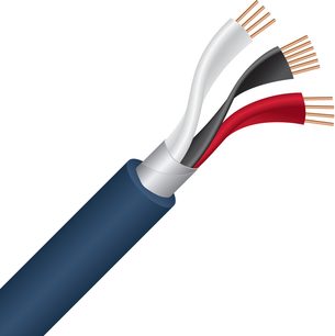 Analogt audiokabel med blå kappe, tre snoede ledere i rød, sort og hvid, afisolerede kobberender, set i skråsnit.
