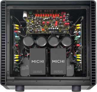 Ampli hi-fi stéréo Michi X5 noir, vue intérieure composants électroniques circuits imprimés transformateurs toroïdaux