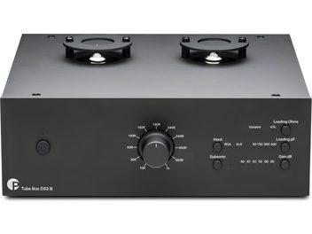 Preamplificatore phono Pro-Ject Tube Box DS3 B nero con valvole a vista, grande selettore frontale e manopole di regolazione