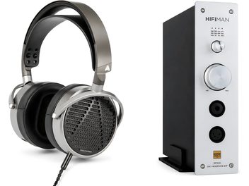 Cuffie Audeze grigie con ampio archetto e griglie aperte con amplificatore per cuffie HiFiMAN EF500 nero e argentato