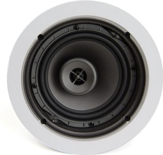 Klipsch CDT-2650-C indbygningshøjttaler til loft, set forfra, central diskant, sort fiberhøjttaler, hvid ramme