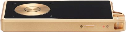 Audiofil musikafspiller Questyle QP2R guld, set oppefra, guldfarvet kabinet, sort skærm, centralt guldfarvet drejehjul, sideknapper