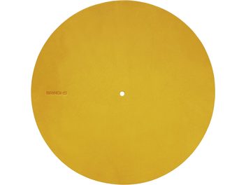 Bringhs yellow turntable platter cover, circular, top view, smooth surface, central hole, visible Bringhs inscription