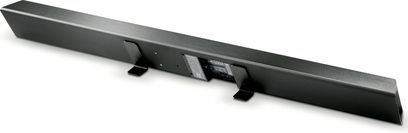 Barre de son Focal Dimension noire, vue de dessus, avec grilles de haut-parleurs et boutons de contrôle sur le dessus