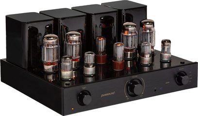 Amplificator hi-fi cu tuburi Puresound A30-R negru, vedere frontală, 8 tuburi aliniate în partea superioară, butoane și mufe pe fațadă