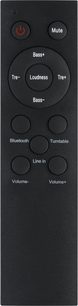 Sort fjernbetjening med knapper til at styre lydstyrke, bas, diskant, loudness og vælge lydkilde mellem Bluetooth, line in eller pladespiller