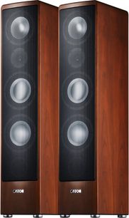 Pair of Canton Ergo 690 DC floorstanding speakers in cherry, brownish-red wood finish with black front panel and visible drivers