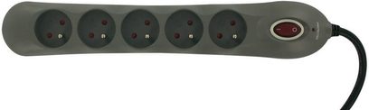 Multiprise Connect Research CEB005F grå med 5 hunstik med røde afbrydere og sort kabel, set ovenfra