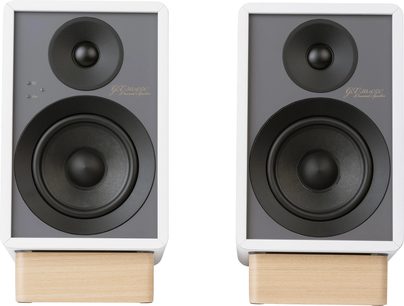 Draagbare bluetooth-luidsprekers GX-30ARC wit, vooraanzicht, 2 rechthoekige eenheden, grijze voorkant, zwarte luidsprekers, houten voetstukken