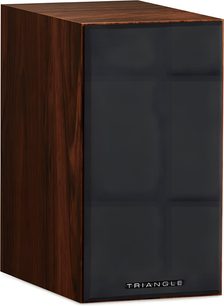 Triangle Titus EZ series bookshelf speaker in dark teak wood with a black front panel protected by a grille featuring the silver logo, shown from the front left three-quarter view