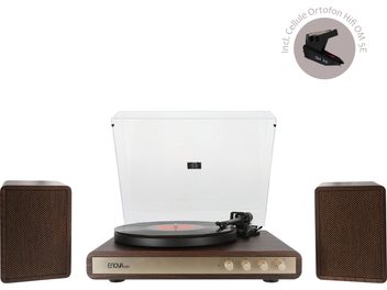 Pick-up hi-fi Enova HIFI VELA VP2 cu carcasă din lemn, capac transparent, braț de citire negru, 4 butoane pe fațadă, 2 boxe dreptunghiulare cu grilaj din plasă