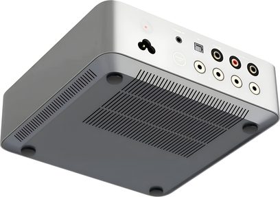 Amplificatore hi-fi WiiM Vibelink Amp argento, custodia in metallo, vista inferiore/posteriore con prese RCA, ottica, 3,5 mm e alimentazione
