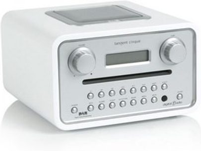 Hvid Tangent Cinqué digital radio, set forfra, med LCD-skærm, drejeknapper og knapper på toppen, højttaler foran
